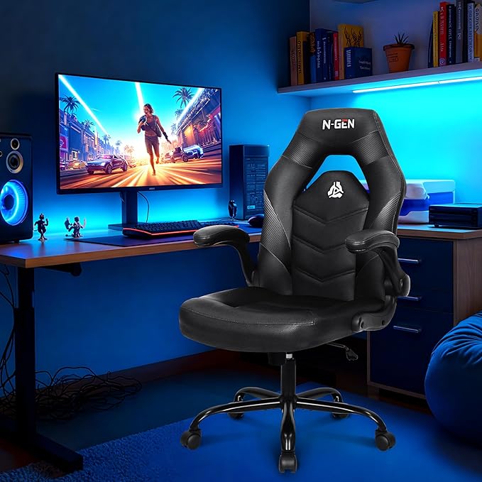 N-GEN Video Gaming Chair Ergonomic Computer Desk Office Chair with Lumbar Support Adjustable Height Swivel Wheels Flip-Up Arms PU Leather Home and Office (Black)