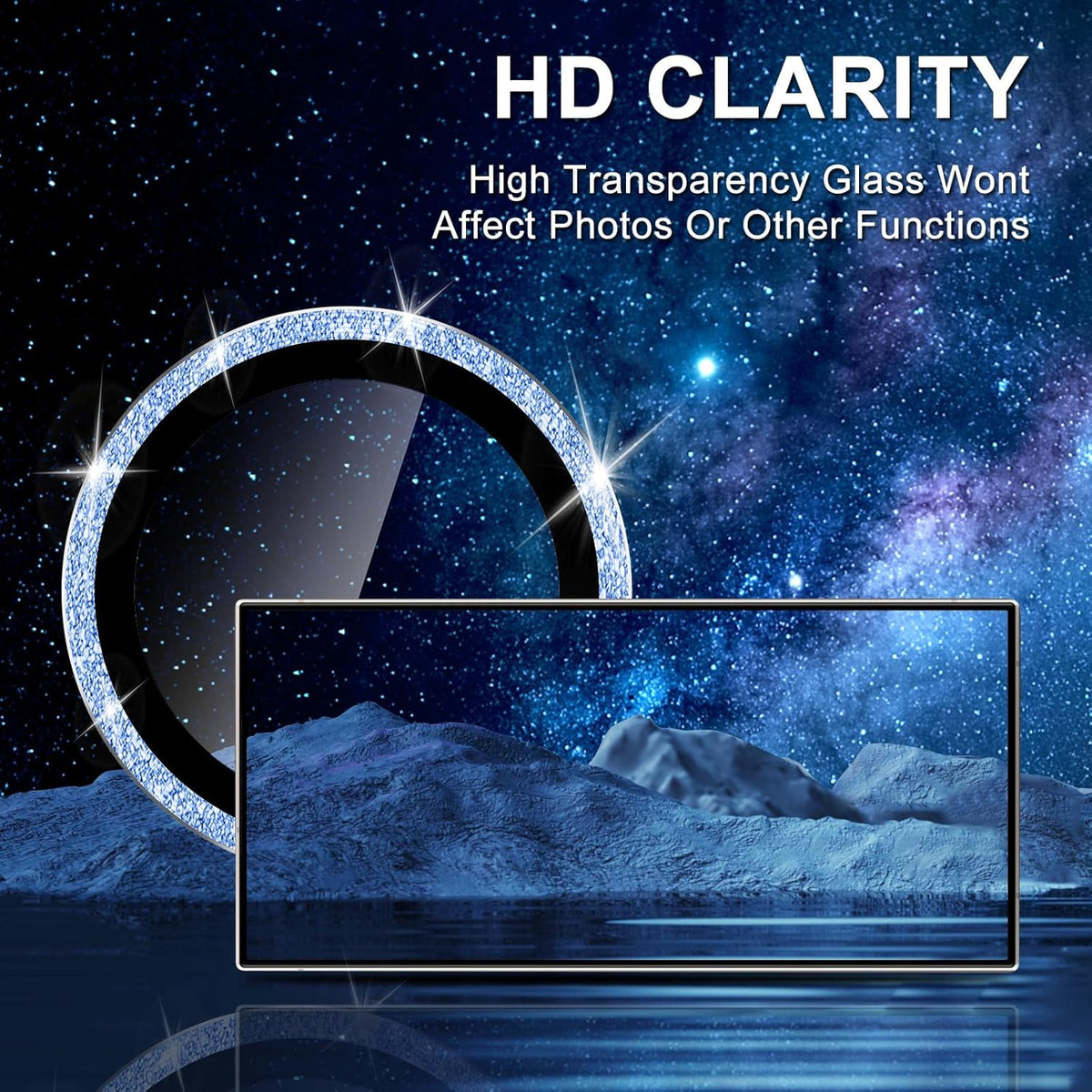 for Samsung Galaxy S25 Ultra Camera Lens Protector, Individual Metal Ring Tempered Glass Lens Cover, [Strong Adsorption] Scratch Resistant Ultra-Thin HD Clear Lens Cover, 1 Set-Blue Sparkly