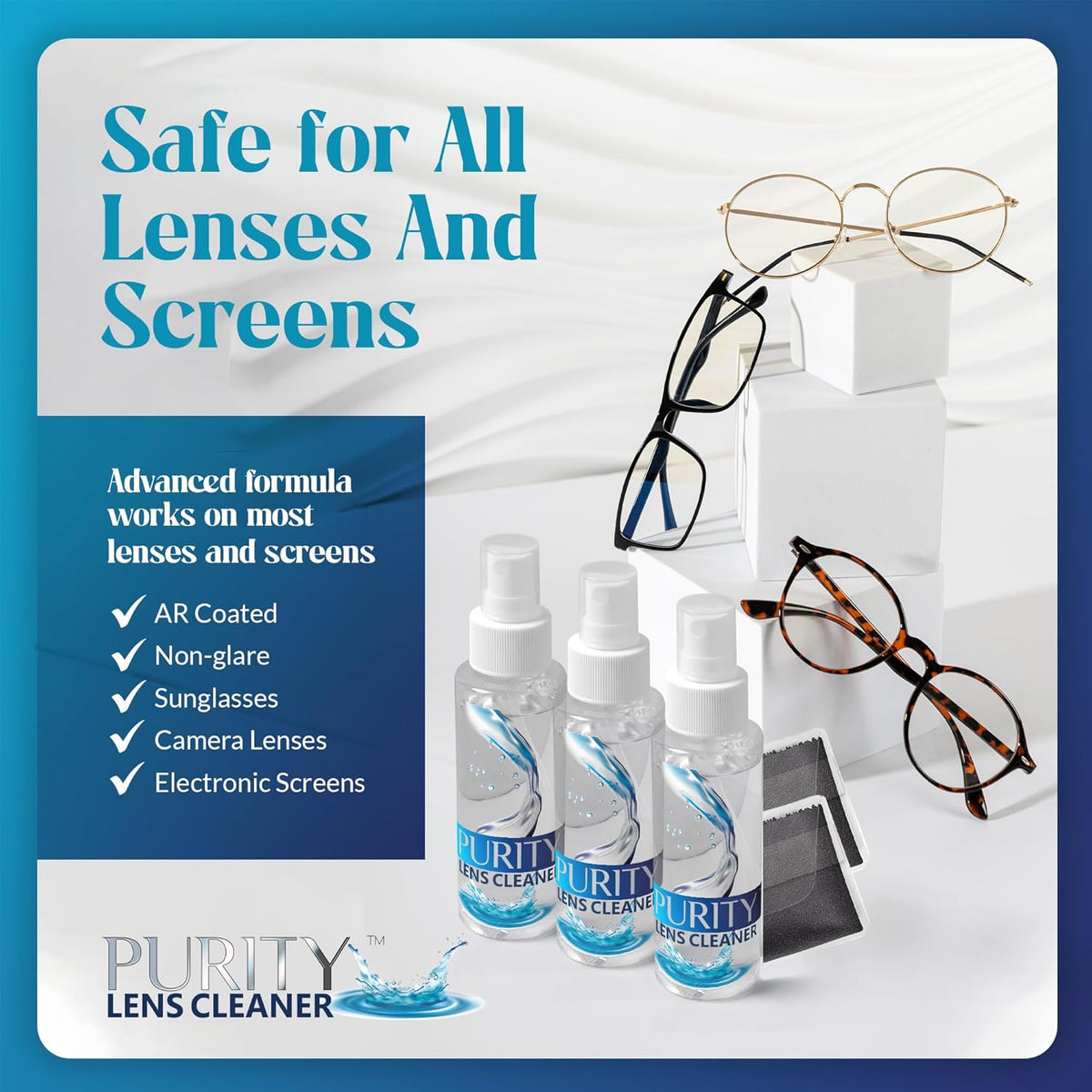 Purity Eyeglass Lens Cleaner Kit - 3 x 2oz Travel Size Lens Cleaner Spray Bottle + 2 Microfiber Cleaning Cloths - Safe for All Lenses (AR Coated Included), Eyeglasses and Screens - Clear