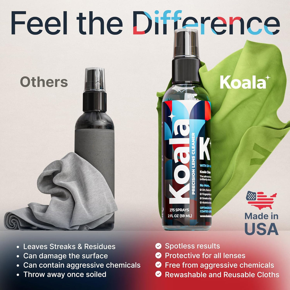Koala Eyeglass Lens Cleaner Spray Kit | (1x) Glasses Cleaner Bottle + (1x) Microfiber Cloth | Alcohol Free Eyeglasses, Screen, and Camera Cleaning Kit | Made in USA (2 Piece Set)