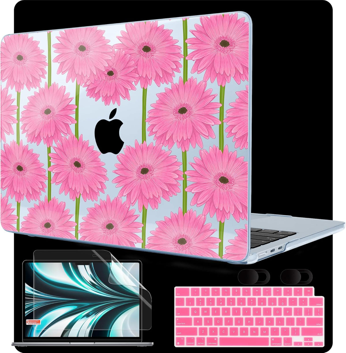 MEEgoodo Case for M4/M3/M2 MacBook Air 13.6 inch Case 2025 2024 2022, Fit Model A3240/A3113/A2681, Laptop Hard Shell with Keyboard Cover Compatible with MacBook Air 13 inch, Pink Gerbera Flower