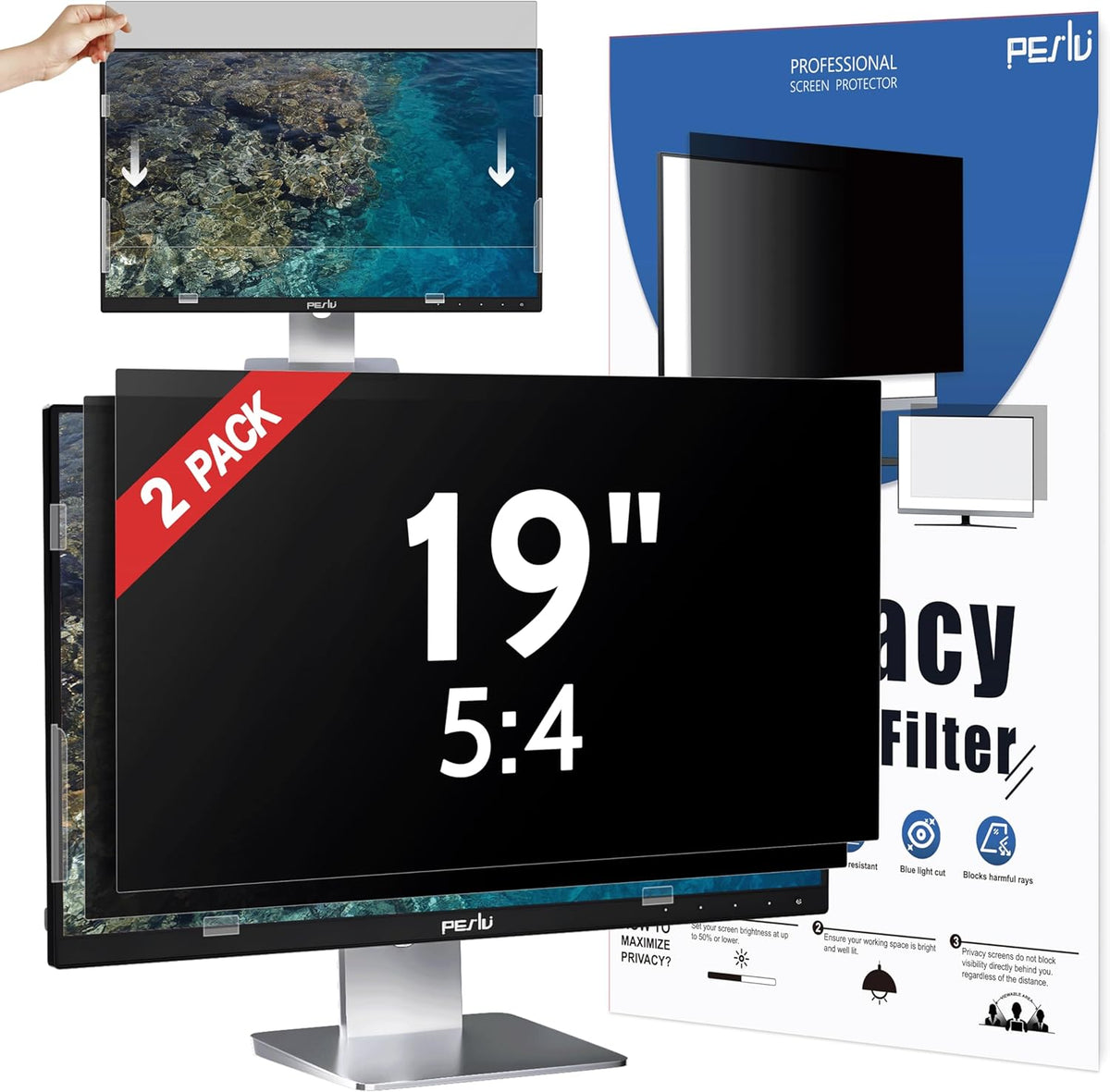 [2-Pack] 19 Inch Privacy Screen for Computer Monitor 5:4 Aspect Ratio, Eye Protection Anti Blue Light Glare Shield, 19inch Removable Black Blackout Anti Spy Desktop Security Private Filter