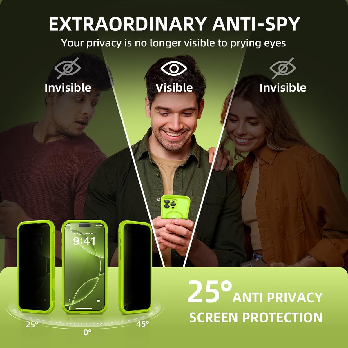 BERFY Magnetic for iPhone 16 Pro Case, Compatible with MagSafe, Built-in Privacy Screen Protector and Upgraded Camera Protection, Anti-Spy Full Body Shockproof Phone Case for 16 Pro 6.3", Bright Green