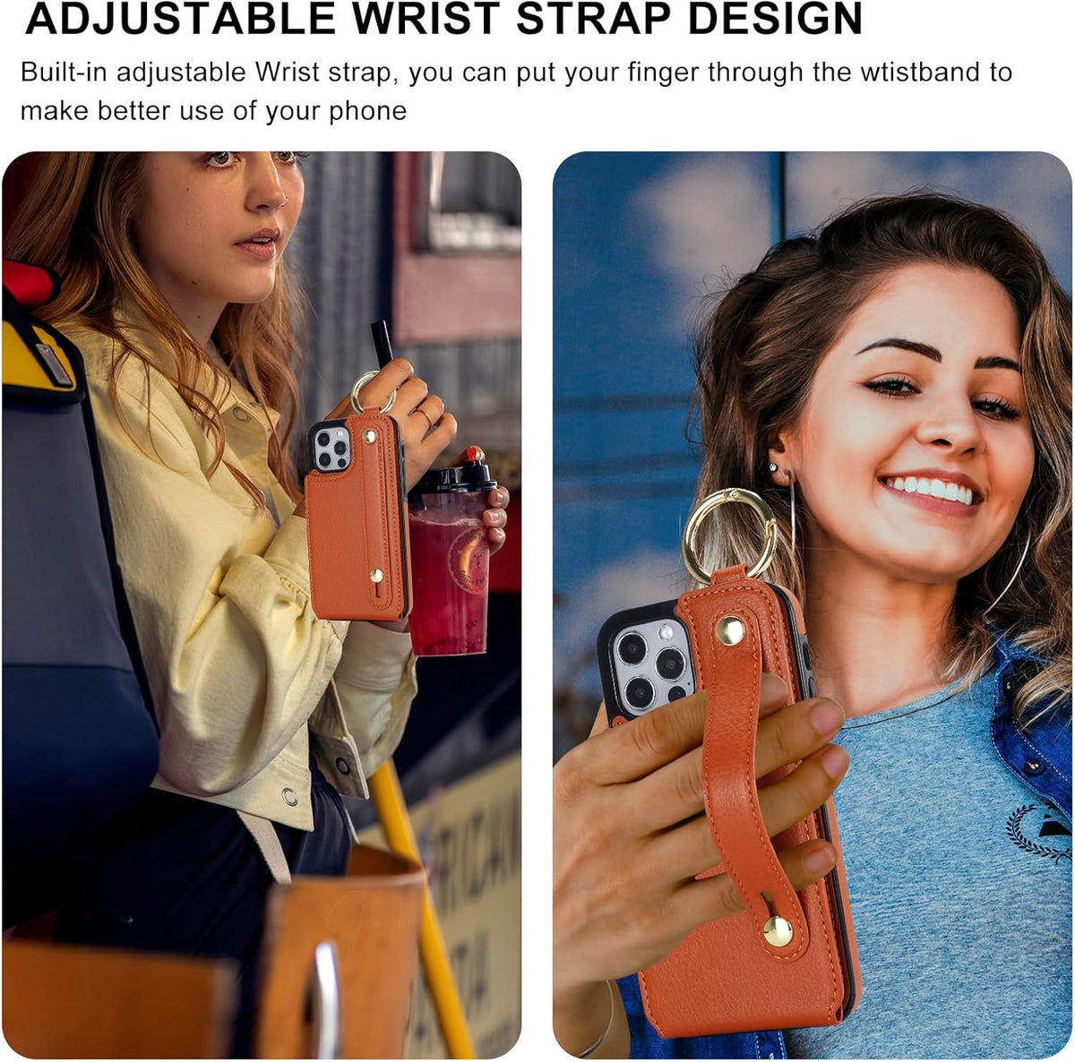 Folosu for iPhone 12/12 Pro Wallet Case with Card Holder, Hand Wrist Strap Loop Holder Kickstand, RFID Blocking Finger Grip Ring PU Leather Double Buttons Shockproof Cover 6.1" Brown