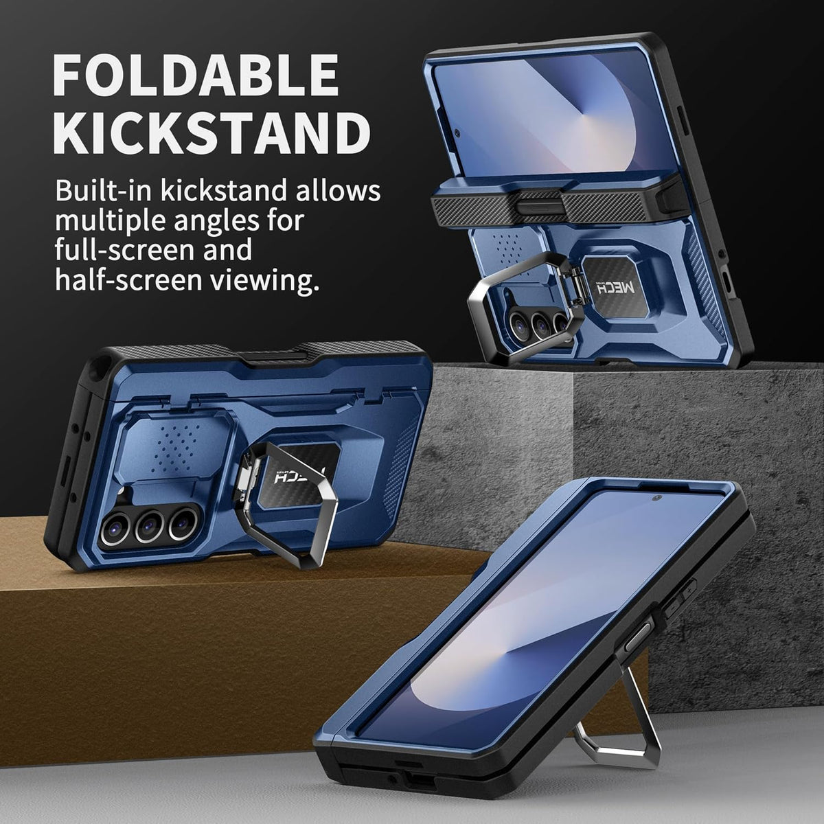 TONGATE for Z Fold 6 Case with Ring Stand, Built-in S Pen Holder & Glass Screen Protector Shockproof Rugged Z6 Phone Case with Slide Camera Cover & Belt Clip for Samsung Galaxy Z Fold 6 2024, Blue