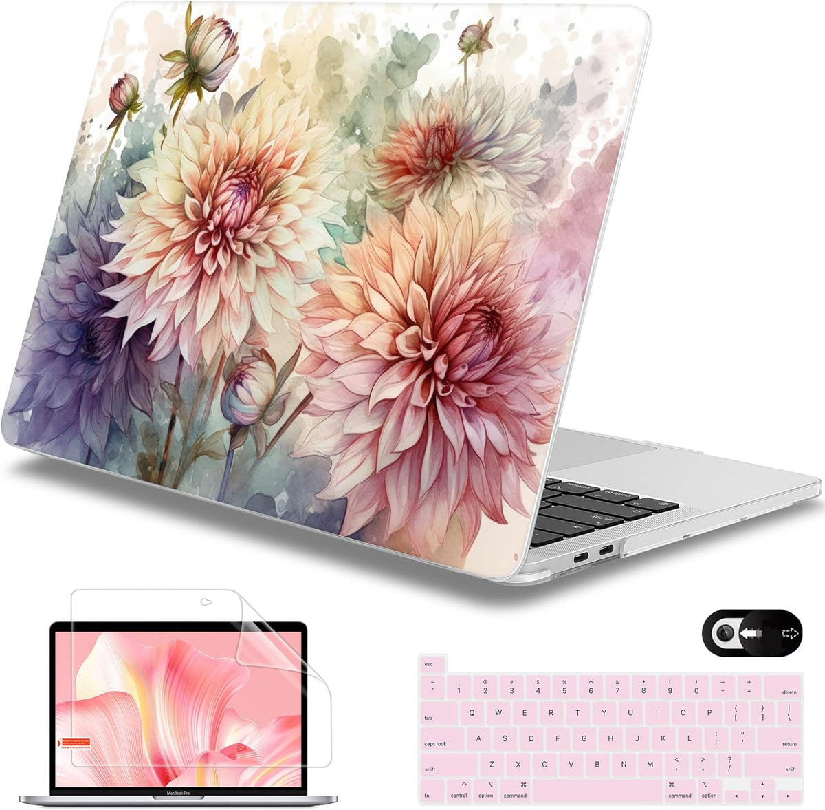 Mektron for MacBook Pro 13-inch Case 2022 2021 2020 Release A2338 M2 M1 A2289 A2251, Printed Plastic Hard Shell Cover for New MacBook Pro 13.3-inch Touch Bar Fits Touch ID, Watercolor Dahlias