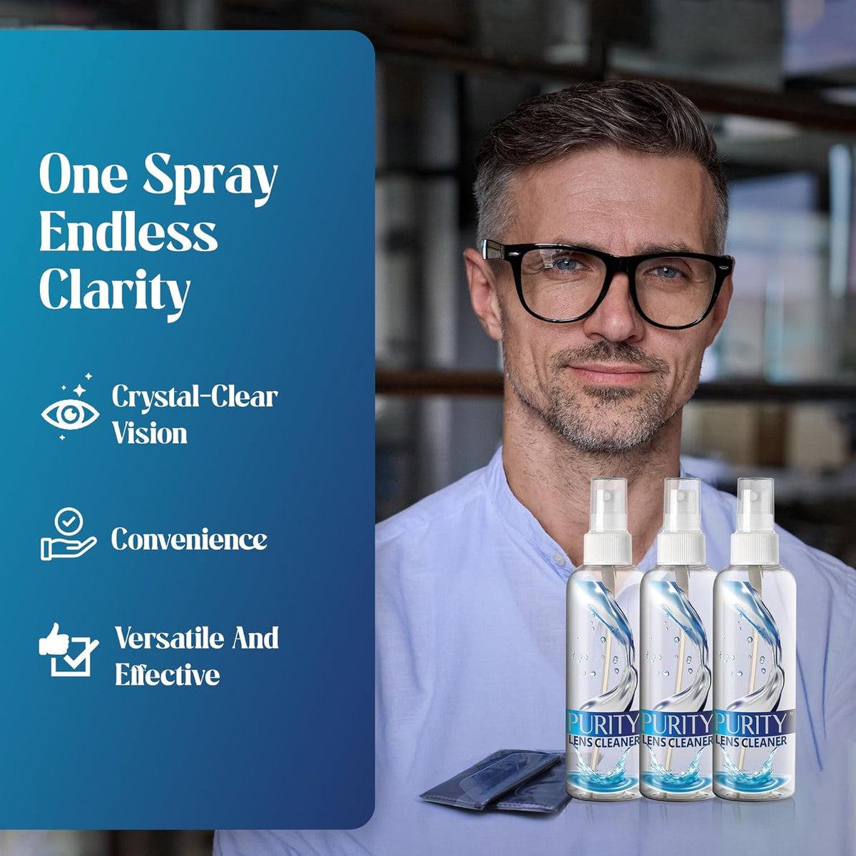 Purity Eyeglass Lens Cleaner Spray Kit - 3 x 8oz Lens Cleaner Spray Bottle + 2 Microfiber Cloth for Cleaning - Safe for All Lenses (AR Coated Included), Eyeglasses and Screens