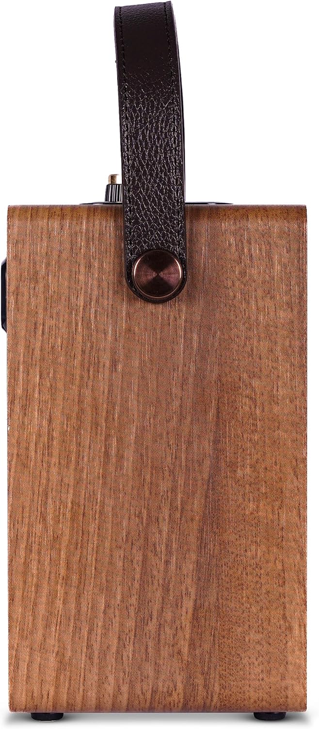 Fuse Andle Vintage Retro Bluetooth Speaker with Vegan Leather Handle | Portable Speaker with Smartphone Connection | USB & AUX Input | Stylish Brown Wood Exterior