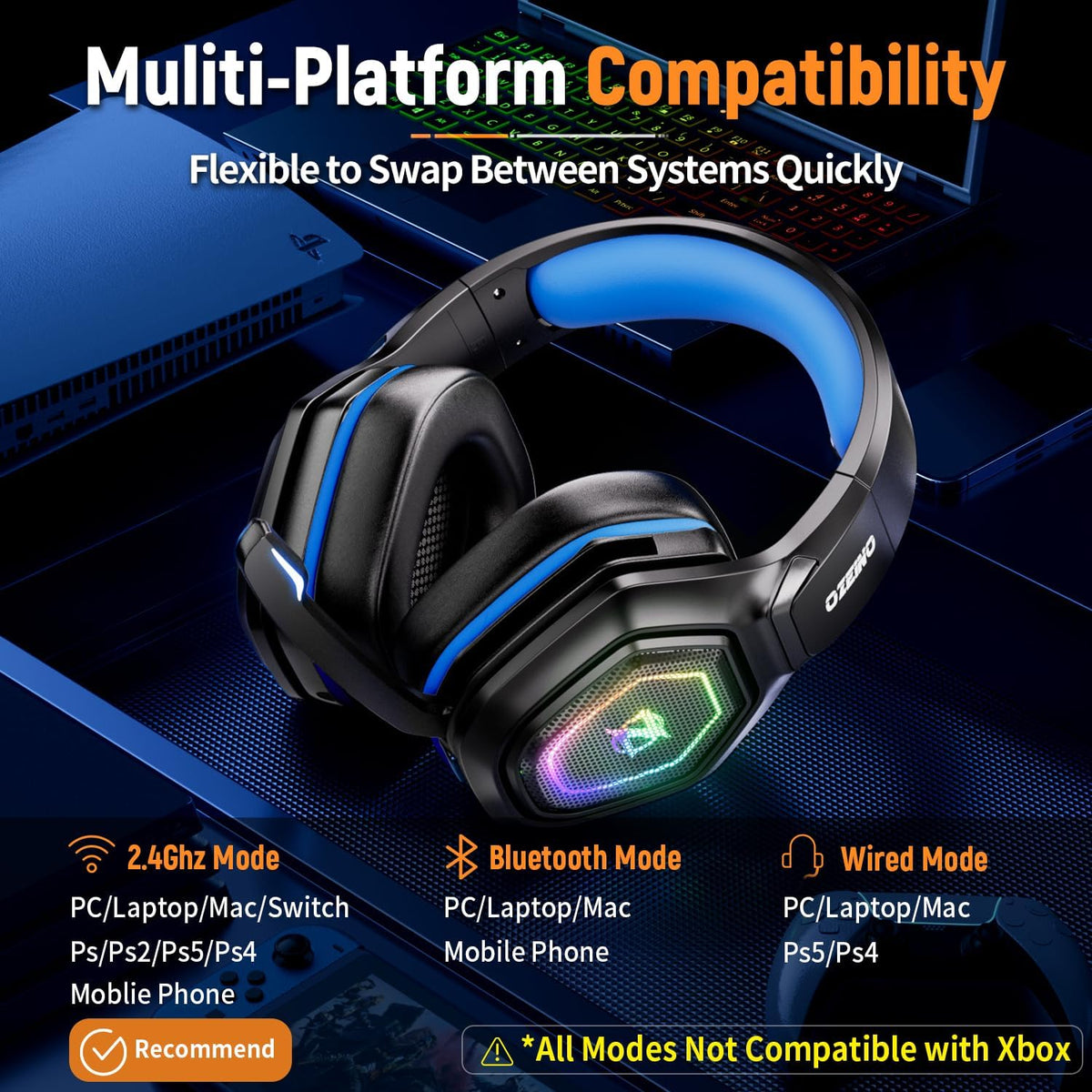 Wireless Gaming Headset for PC, Ps5, Ps4 with Flip Microphone