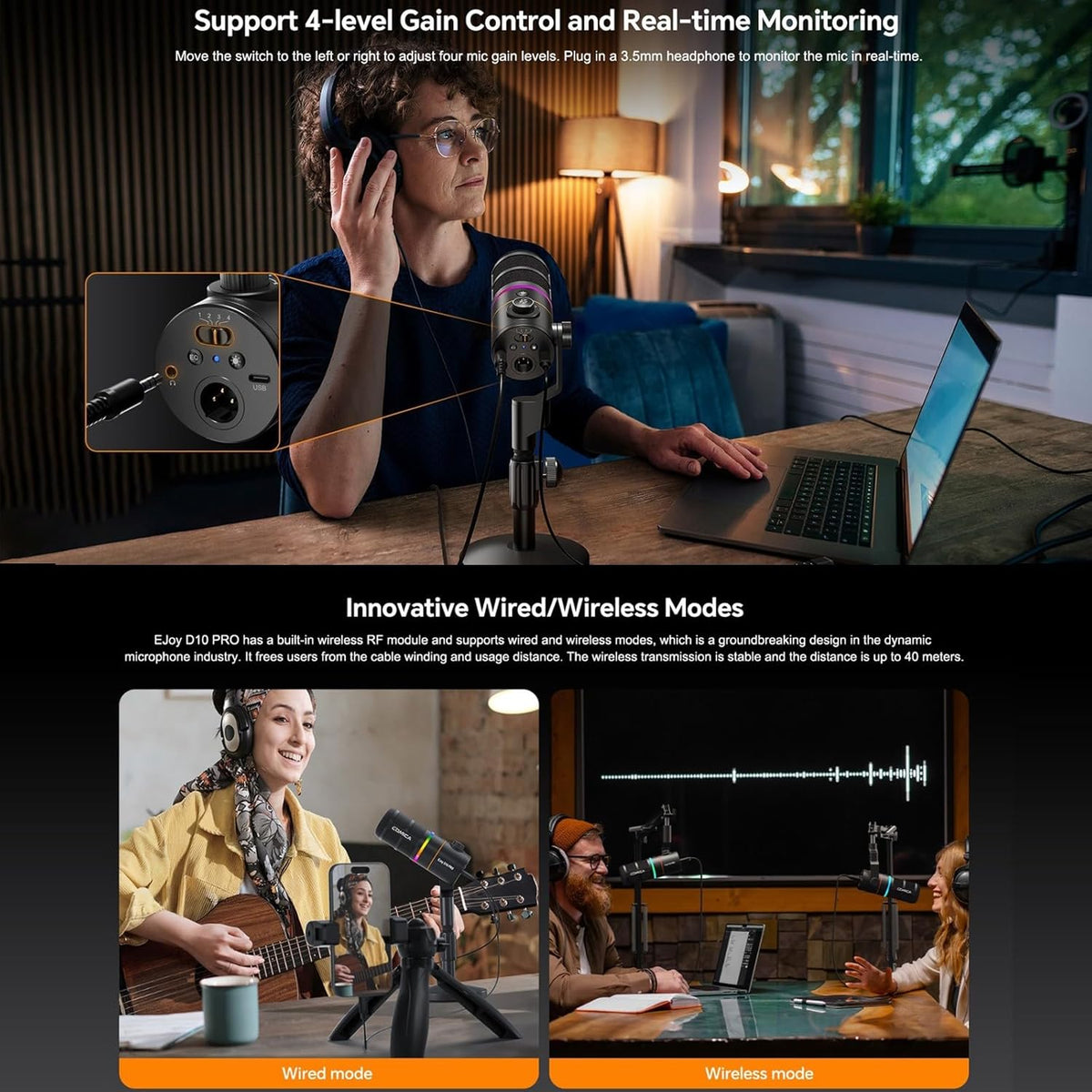 COMICA D10 Pro D Wireless/XLR/USB Dynamic Microphone with Receiver Desktop Stand- Dual Channel Cardioid Mic, 45H Battery, RGB Lights, CalMix Denoise for Gaming/Streaming/PD(PC, PS4/5, Mac,Phone)-Black