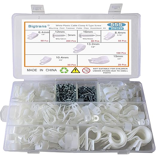 Bigtrans 555 Pcs Nylon Plastic R-Type Wire Clips with Screws 1/4" 5/16" 3/8" 1/2" 3/4" Clamps Fasteners Assortment for Cable Conduit -5 Size -White