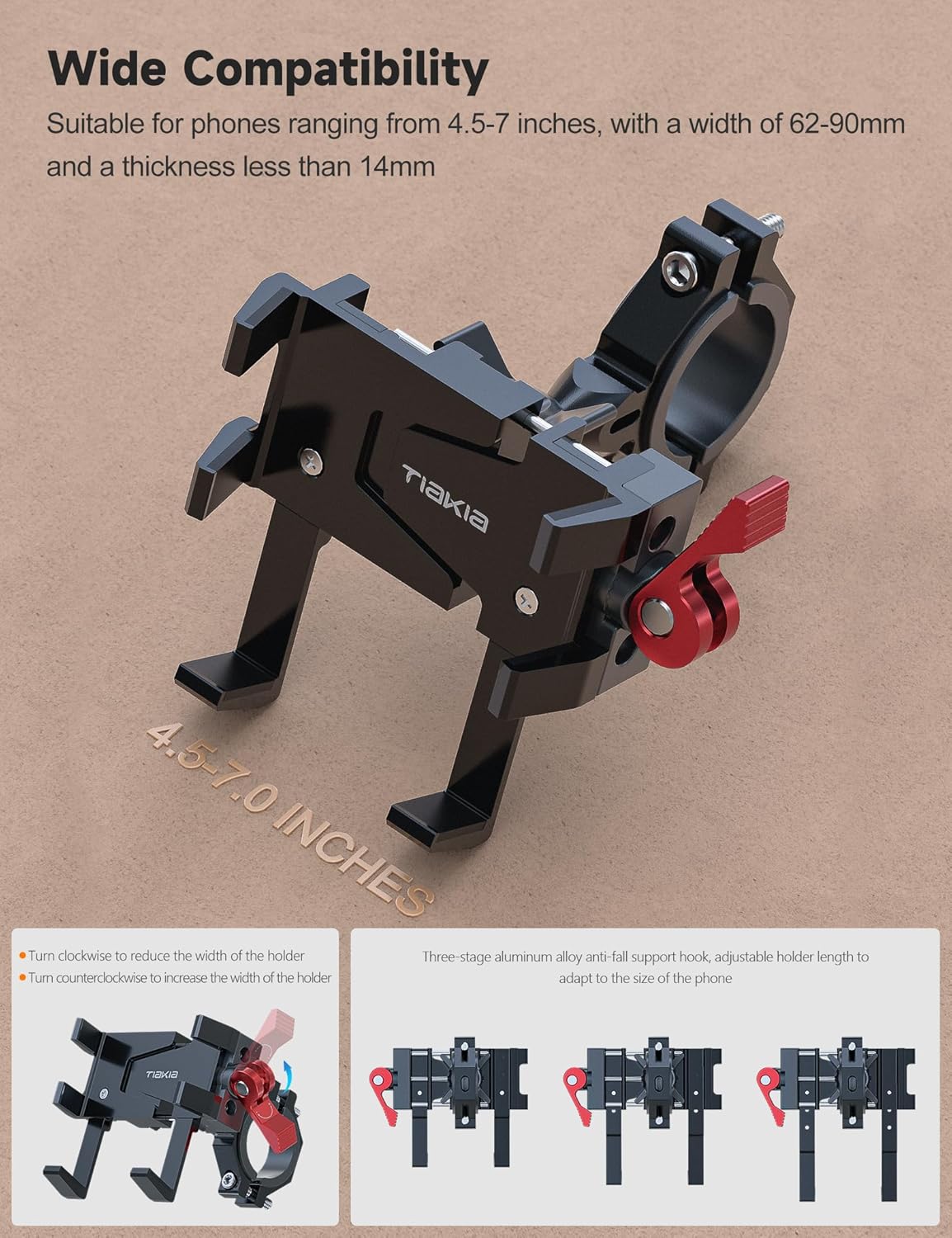 Tiakia Aluminum Bike Phone Mount Holder, [2024 Upgrade] Motorcycle Phone Mount, [1s Lock] Handlebar Mounted Cell Phone Holder, 360° Rotation, Universal Bicycle Phone Mount for 4.5-7 Inch Phones