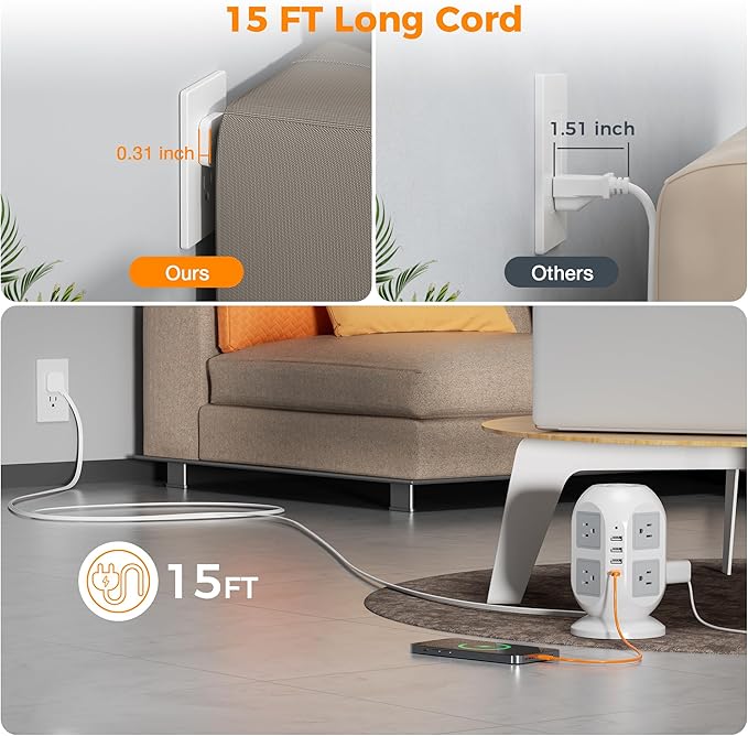 TESSAN Tower Power Strip 15 ft, Long Flat Extension Cord，Multiple Outlets