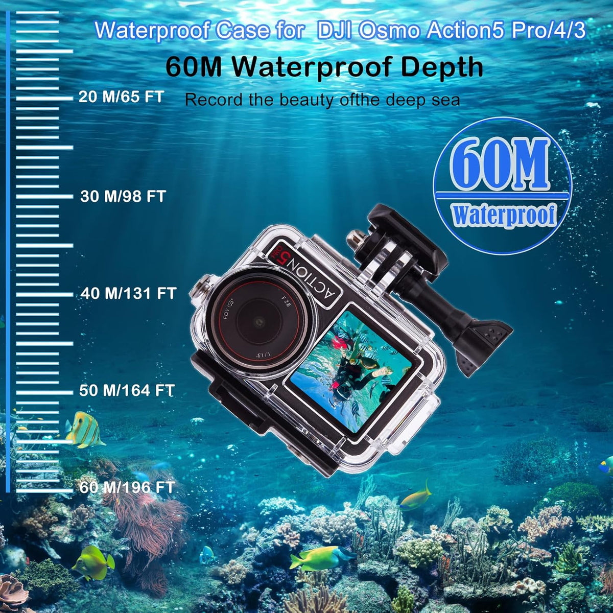 Waterproof Case for DJI Osmo Action 5 Pro/4/3 with 3 Pack Dive Filters, 196FT/60M Underwater Protective Housing Dive Kit, Professional Action Camera Dive Accessory