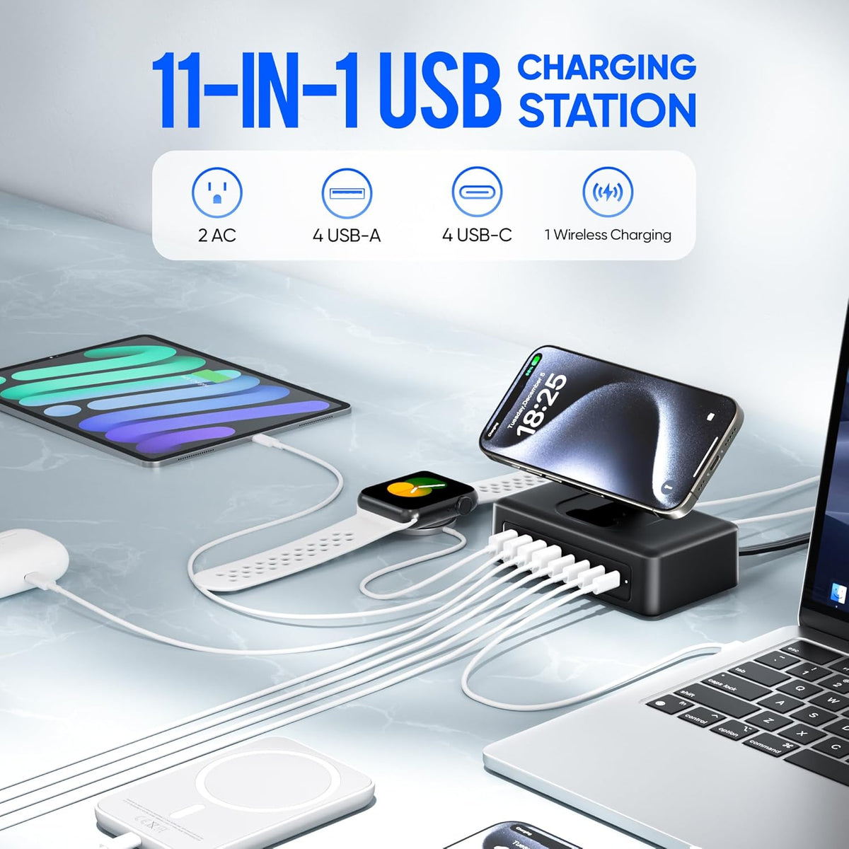 160W USB Charging Station Power Strip, 11-in-1 USB C Charger Block, 2AC Outlets with 8USB Ports(4USB-C), 5FT Flat Plug Extension Cord, Fast Charging Desktop Charger for Home Office Dorm Room, Black