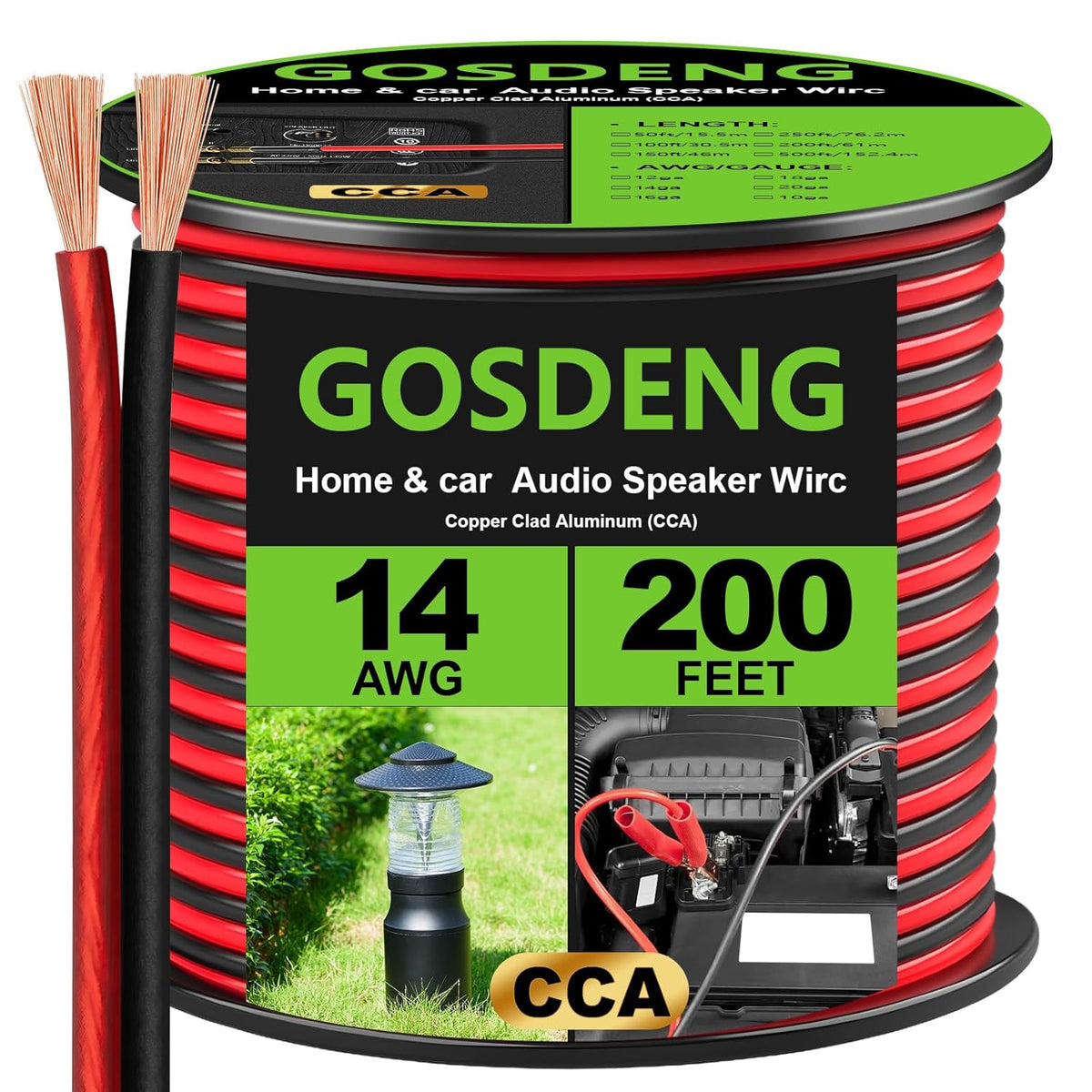 GOSDENG 14 200 14 Gauge Speaker Wire- ft Spec Soft Touch Audio Wire for Car Stereos, Home Theater, Surround Sound