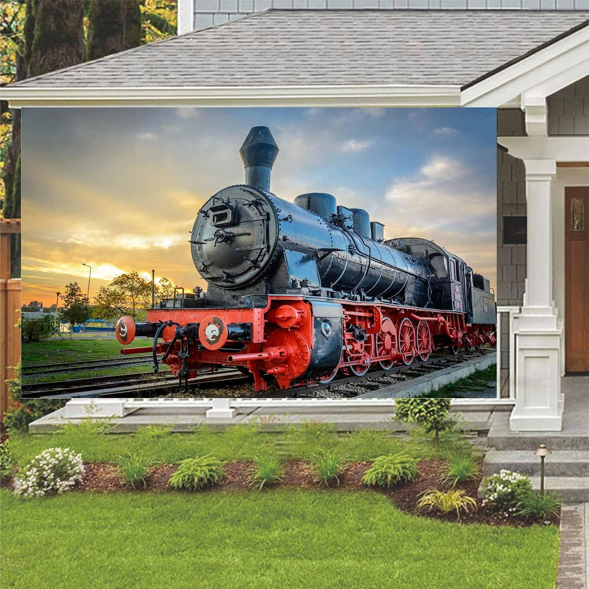 DYNH Sunset Supplies-7x5FT Steam Train Backdrop,Railroad Tracks Railway Photo Background,Train Banner,School Bulletin