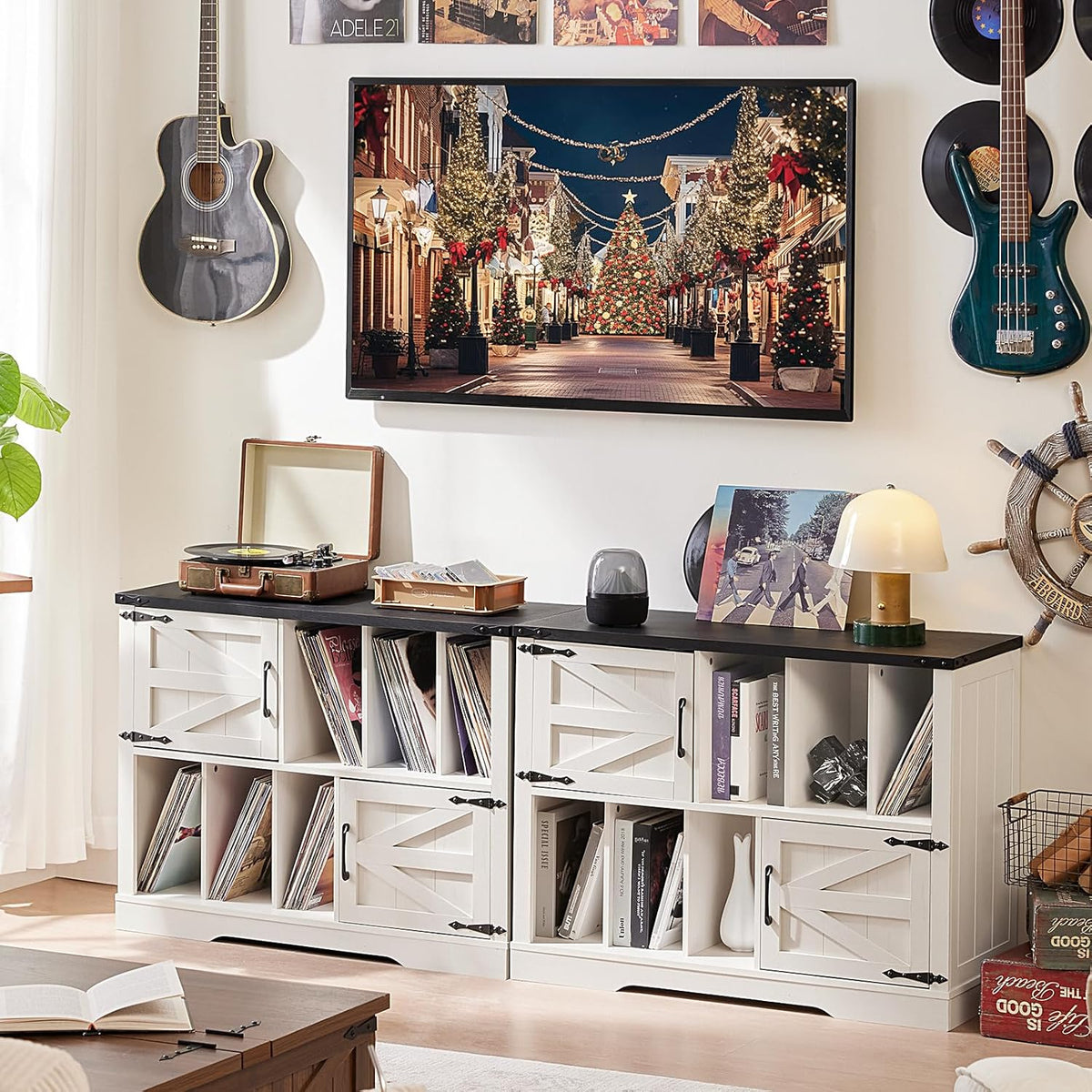 Large Record Player Stand with Vinyl Storage Up to 450 Albums, 39 Inch Farmhouse Rustic Wood White Storage Cabinet with Barn Doors, Vintage Mid-Century Turntable Stand for Bedroom, Living Room