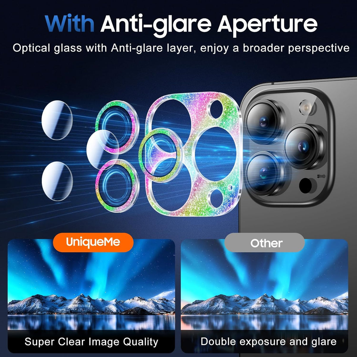 UniqueMe 3 Packs Compatible for iPhone 14 Pro Max/iPhone 14 Pro Camera Lens Protector Acrylic [Not Glass],[Case Friendly][Scratch-Resistant][Night Shooting Mode]-Glitter Colorful