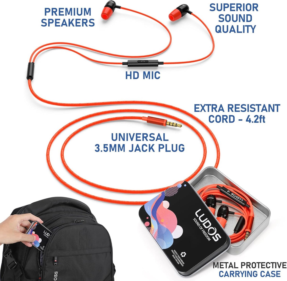 LUDOS Clamor Wired Earbuds in-Ear Headphones, 5 Years Warranty, Earphones with Microphone, Noise Isolating Ear Buds, Memory Foam for iPhone, Samsung, School Students, Kids, Women, Small Ears - Coral