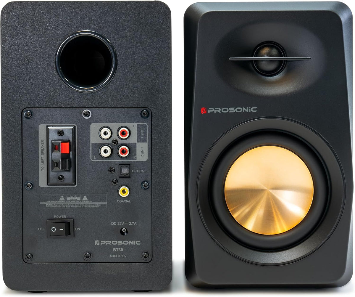 Prosonic BT30(2023 Version) Active Powered Bluetooth Bookshelf Speakers, Studio Monitor, Home Theater, Turntable with Optical Input, Coaxial Input, 2X RCA Aux Line Input, 80 Watts, (Black)