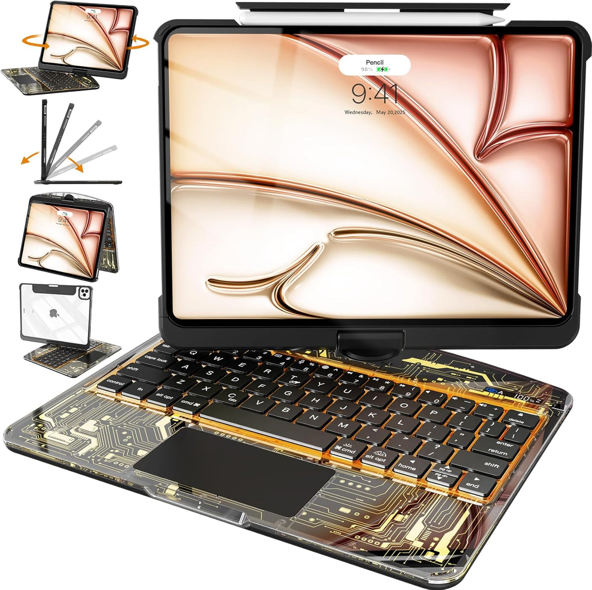Intermerge for iPad 9th 10.2 inch Keyboard Case, 360° Transparent Multi-Touch Trackpad, 7-Color Backlit Keyboard, Pencil Holder, Type-C, Power Indicator for 9th/ 8th/ 7th - Shadow Pulse
