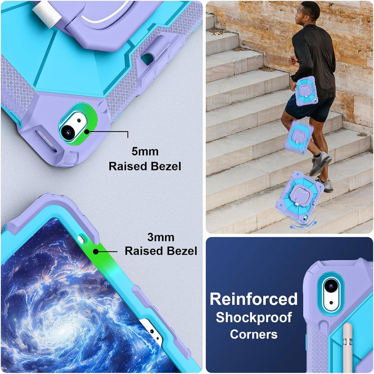 Case for iPad (A16) 11th Generation 11 Inch (2025), iPad 10th Generation Case 10.9 Inch (2022), Shockproof Cover with 360° Rotating Stand Screen Protector Pen Holder Shoulder Strap, Purple Blue