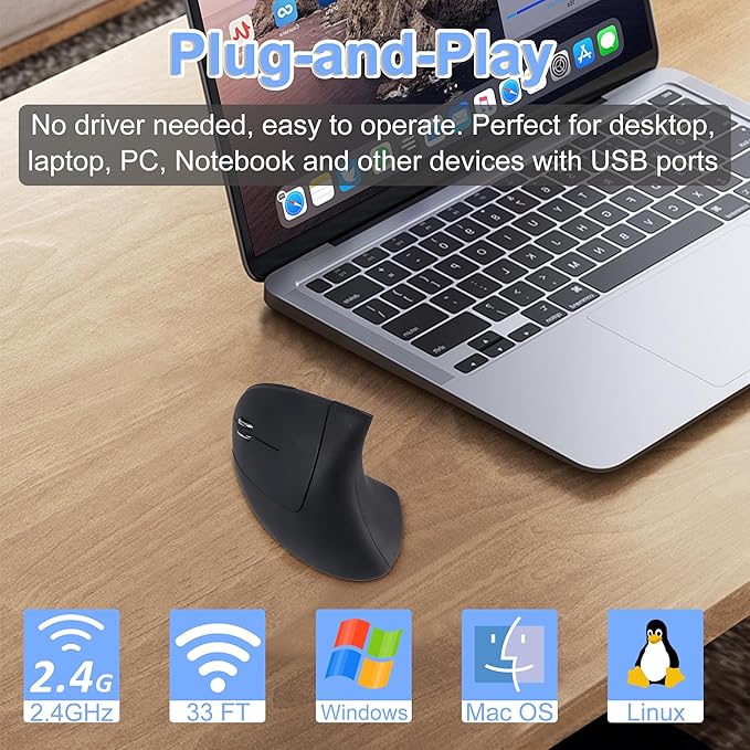Wireless Mouse Ergonomic Left Handed Vertical Mouse with USB Receiver LED Light 6 Buttons 2.4GHz Optical Portable Rechargeable Computer Mice for Laptop PC Desktop Notebook Kids Adults Gifts (Black)