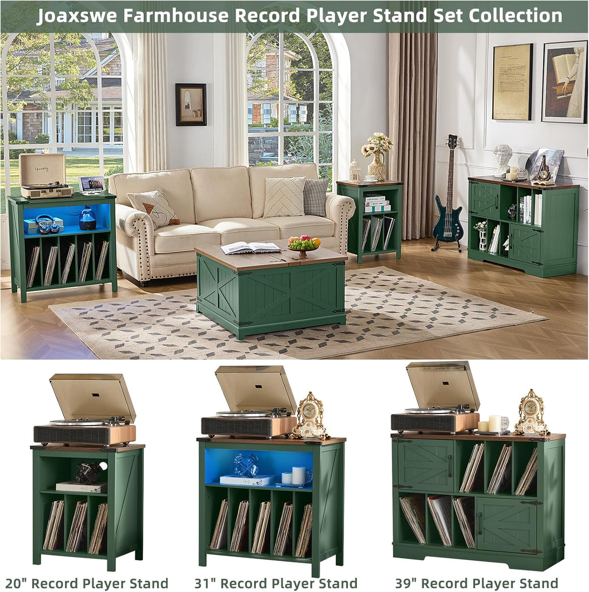 Large Record Player Stand with Vinyl Storage Up to 450 Albums, 39 Inch Farmhouse Wood Green Vinyl Records Storage Cabinet with Barn Doors, Mid-Century Accent Turntable Stand for Living Room