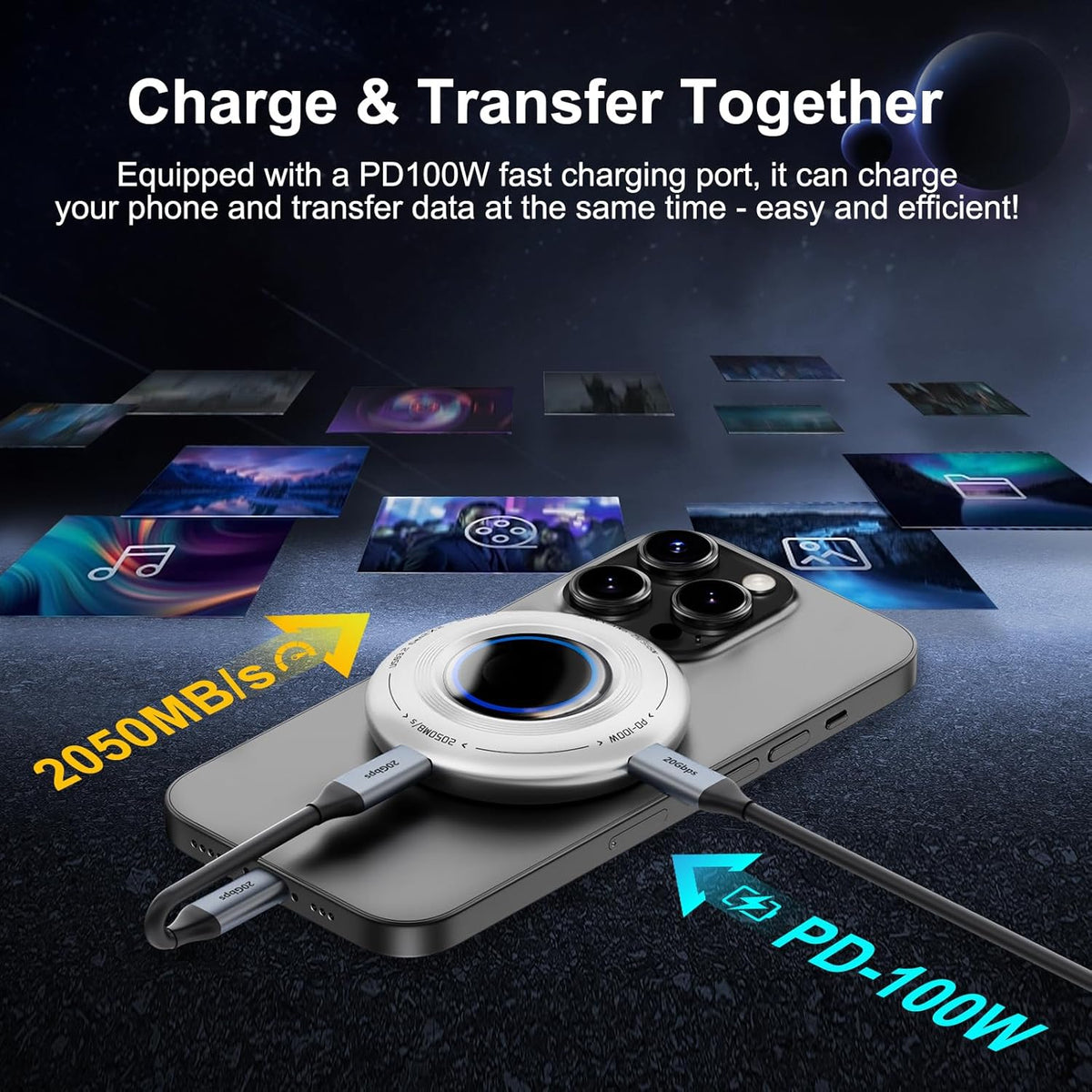 FP108 500GB Magnetic Portable SSD, External Solid State Drives with PD-100W and 2050MB/s USB-C 3.2 Gen 2x2, Play While Charging, Compatible with iPhone 16/15 Pro Max, Android, PC, Mac, Switch Lite
