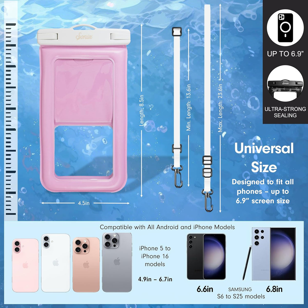 Sonix Waterproof Phone Pouch - Floating Phone Case Dry Bag w/Crossbody Lanyard - Beach Cruise Travel Essentials - Compatible w/All Devices, Touchscreen Friendly | Jelly Pink