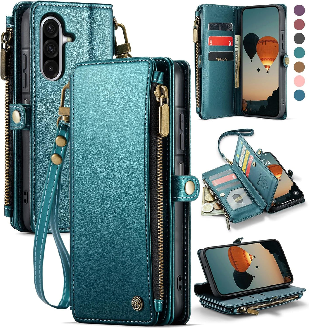 Defencase for Galaxy A26 5G Case Wallet with RFID Blocking Card Holder for Women Men, Fashion PU Leather Magnetic Snap Flip Zipper Wrist Strap Wallet Phone Case for Samsung Galaxy A26 5G, Blue Green