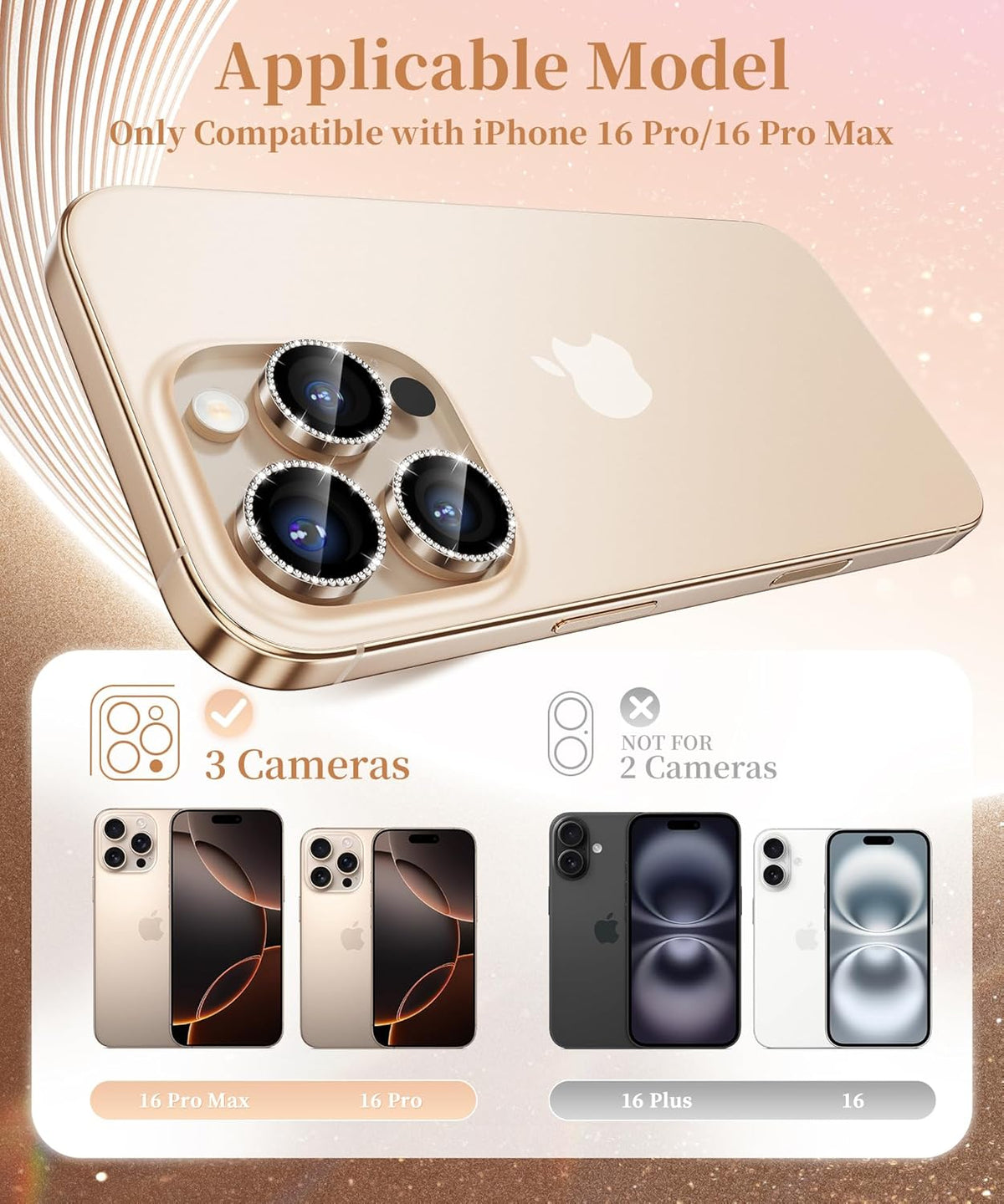 GolbinBox Camera Lens Protector for iPhone 16 Pro Max/16 Pro, 1:1 Invisible Fit, 9H Tempered Glass Ultra HD Metal Individual Camera Cover Screen Protectors for Women, Case Friendly, Bling/Desert Gold