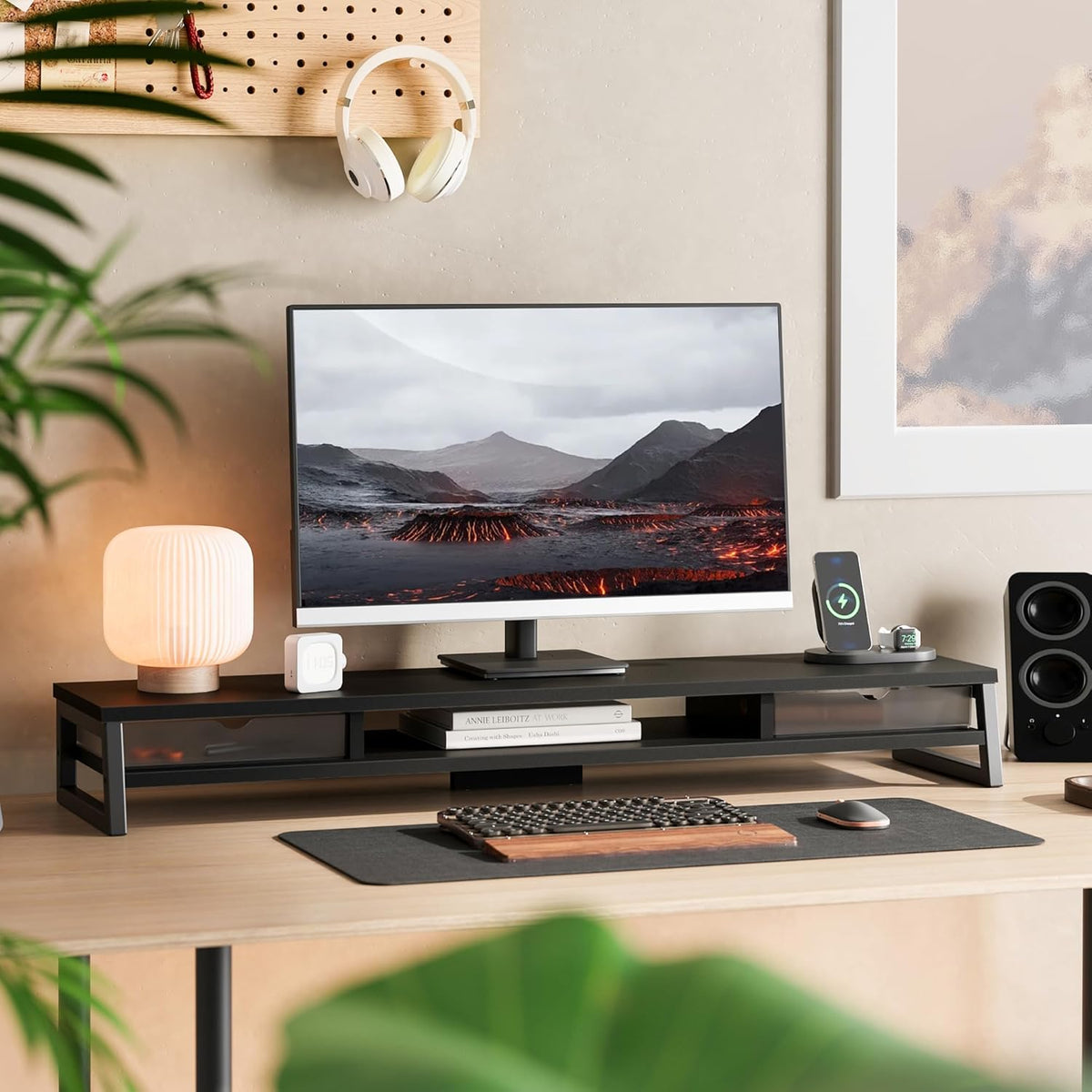 Fenge Dual Monitor Stand, Monitor Riser with Drawer, 42.5 Inch Large Computer Monitor Stand for 2 Monitors, 2 Tier Wooden Desk Shelf for Top of Desk