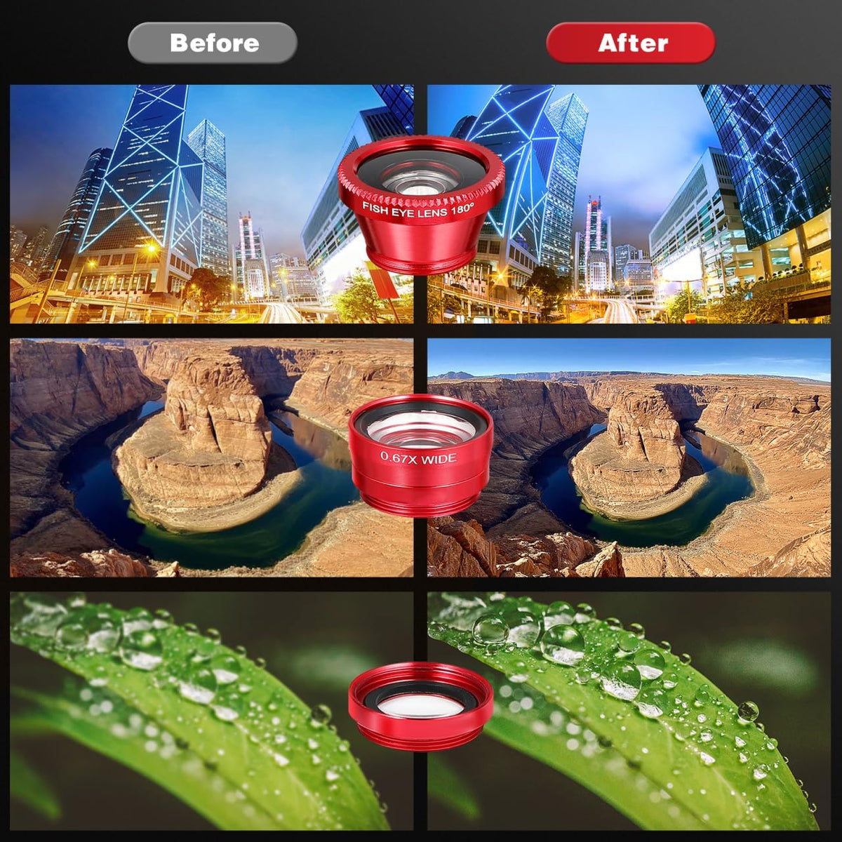 External Lens for Mobile Phone 3-in-1 Fisheye Macro Wide Angle Lens with Clip Aluminum Alloy Compatible with iPhone and Smartphones