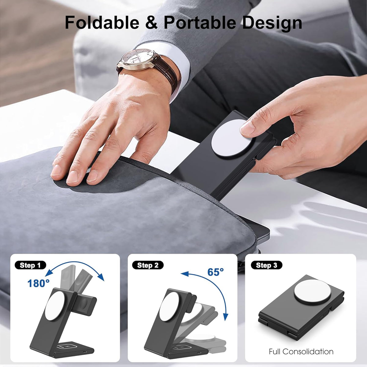 3 in 1 Wireless Charging Station for Multiple Devices, Fast Foldable Travel Mag-Safe Stand for iPhone 16/15/14/13/12/Series, Magnetic Charger for Apple Watch 10/Ultra 2/AirPods 4 with 20W Adapter