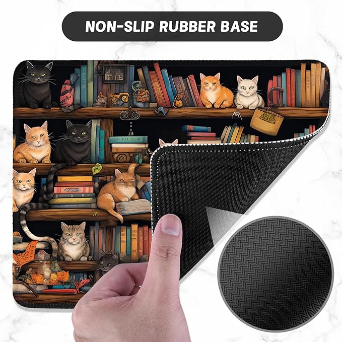 ITNRSIIET Mouse Pad with Stitched Edge Premium Textured Smooth Precise Operation Waterproof Washable Non-Slip Rubber Base Desktop Protection Mat, 10.2×8.3×0.12 inches, Cat on The Desk