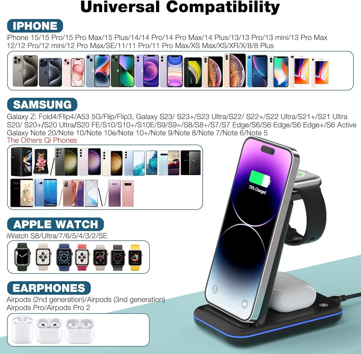 Wireless Charger for iPhone, Foldable 3 in 1 Fast Charging Station/Stand/Multi Charger for iPhone15 14 13 12 11/Xs/XR/X/8, Travel Pad for Apple Watch S8/Ultra/7/6/5/4/3/2/SE, Airpods 2/3/Pro/Pro 2
