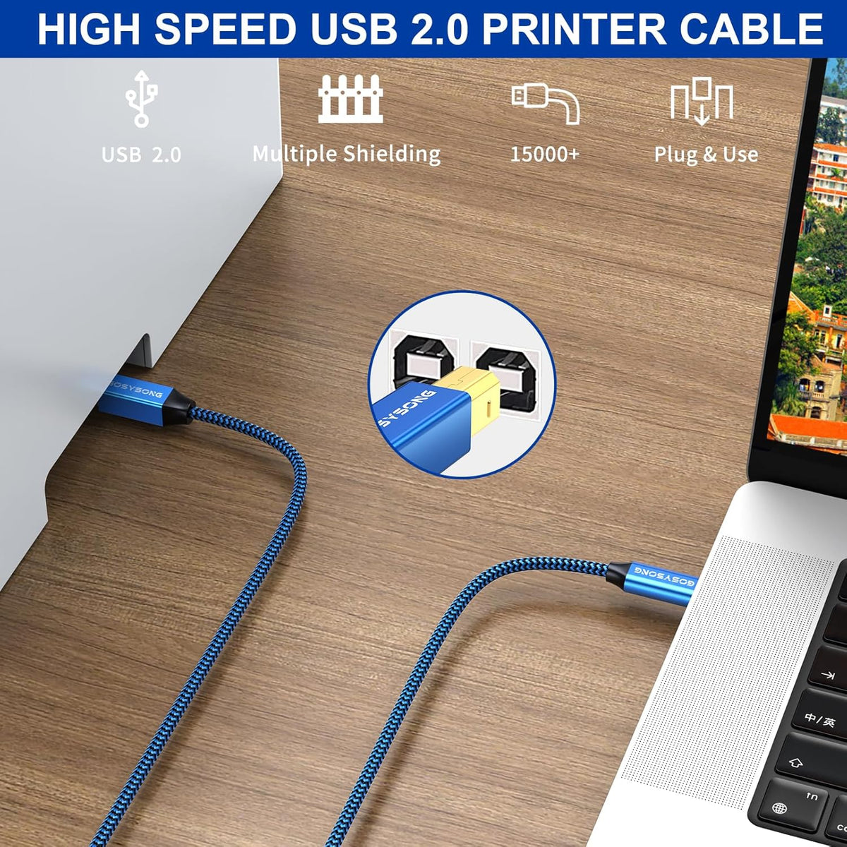 10ft, USB C Printer Cable High Speed USB C to B Printer Cord Compatible with Printers, Scanner, Fax, Piano,Midi