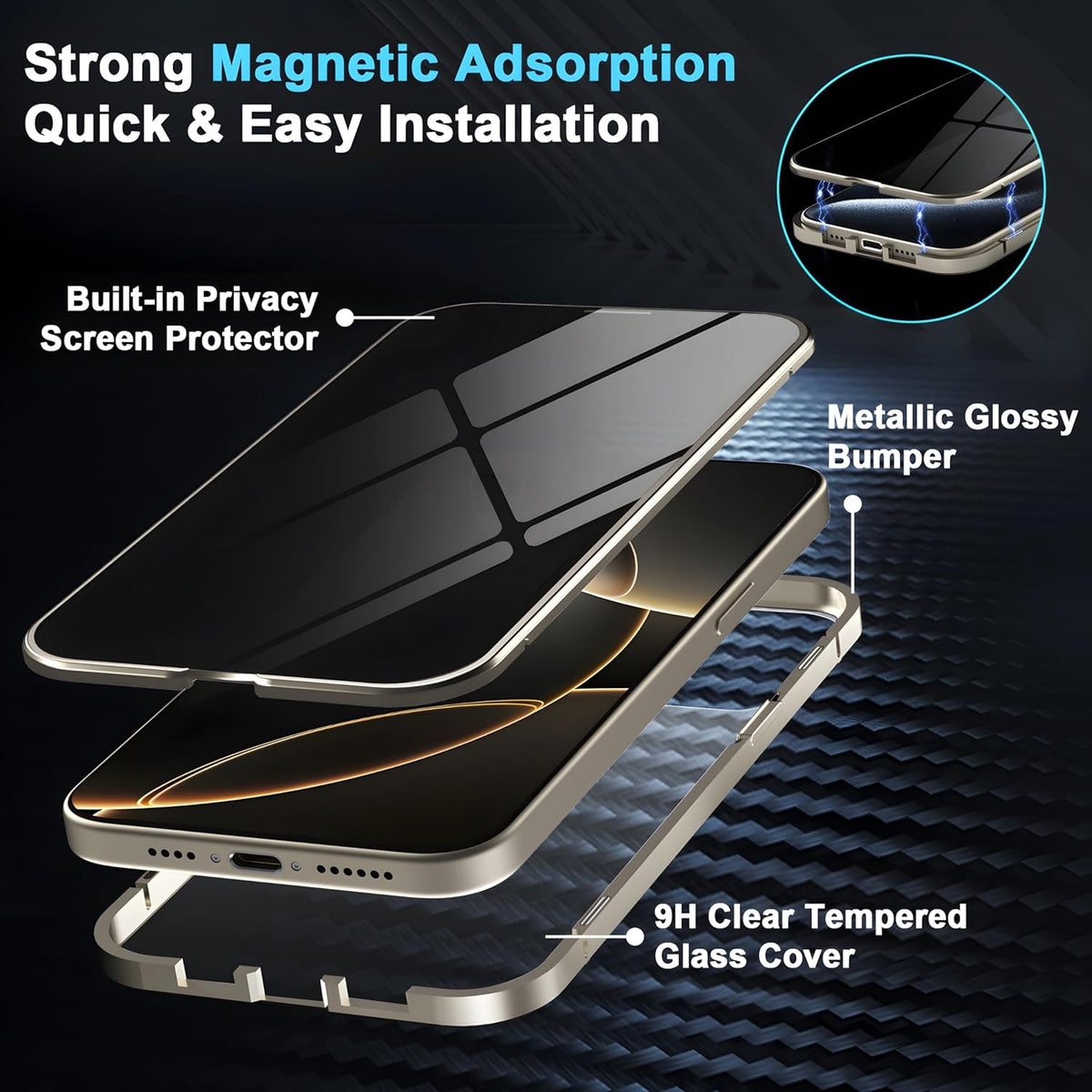 Privacy Magnetic Case for iPhone 16 Plus with Metal Titanium Frame Privacy Screen Protector & Camera Lens Protector, Magnetic Adsorption Double Sided Glass Case Anti Peep Anti Spy Phone Cover