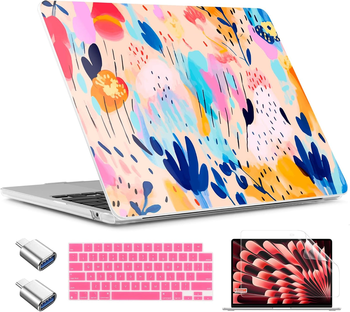 TWOLSKOO Compatible with M4 MacBook Air 13.6 inch Case 2025-2022 Release M4 A3240 M3 A3113 M2 A2681, Plastic Hard Shell & Keyboard Cover & Type C Adapter & Screen Protector, Bright Abstract Florals