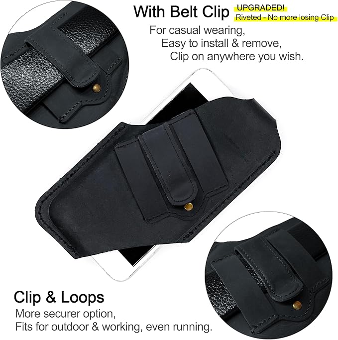 TobbinGear Left-Handed Leather Cell Phone Holster with Belt Clip, Universal Phone Holster for Men Belt Holder, Leather Case for iPhone, Samsung Galaxy Phones, Black Color