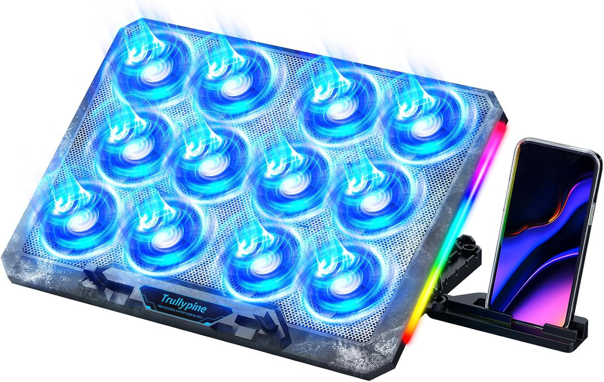 Laptop Cooling Pad with 12 Quiet Fans, Slim Portable for 12-17.3 Inch Laptop Cooler Stand with 5 Height Adjustable, Ergonomic Gaming Cooling Fan Pad with Two USB Ports & Phone Holder (Gear)