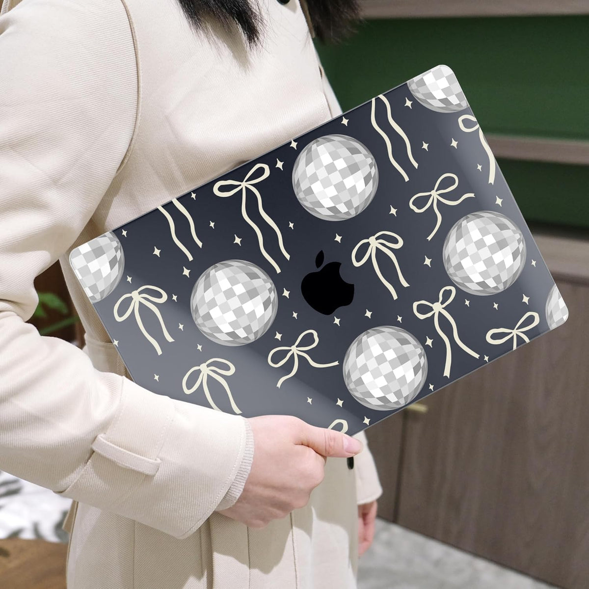 MEEgoodo for MacBook Air 13 inch Case 2021 2020 2019 2018 Released A2337 M1 A2179 A1932 with Touch ID, Plastic Hard Shell & Keyboard Cover Compatible with MacBook Air Case 13.3,Silver Disco Balls&Bows