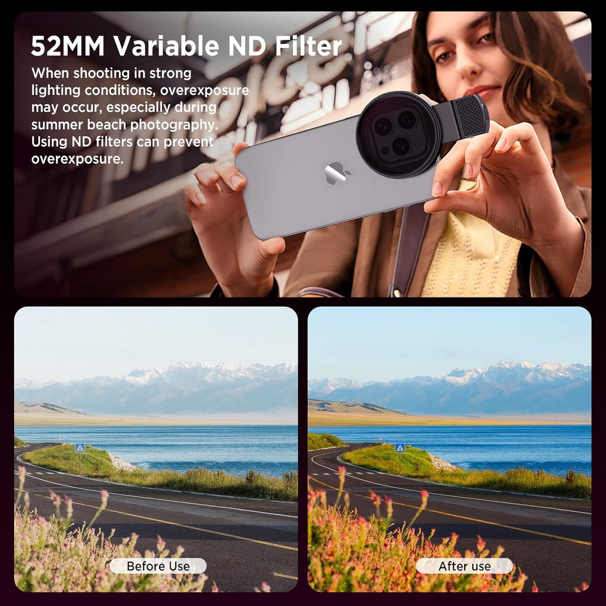 52mm Variable ND2-ND400 Filter with Upgraded Phone Clip, Neutral Density Filter Lens for iPhone 16/15/14/13 Pro Max Samsung Moto Google TCL, HD Double-Sided Multi-Coated Glass