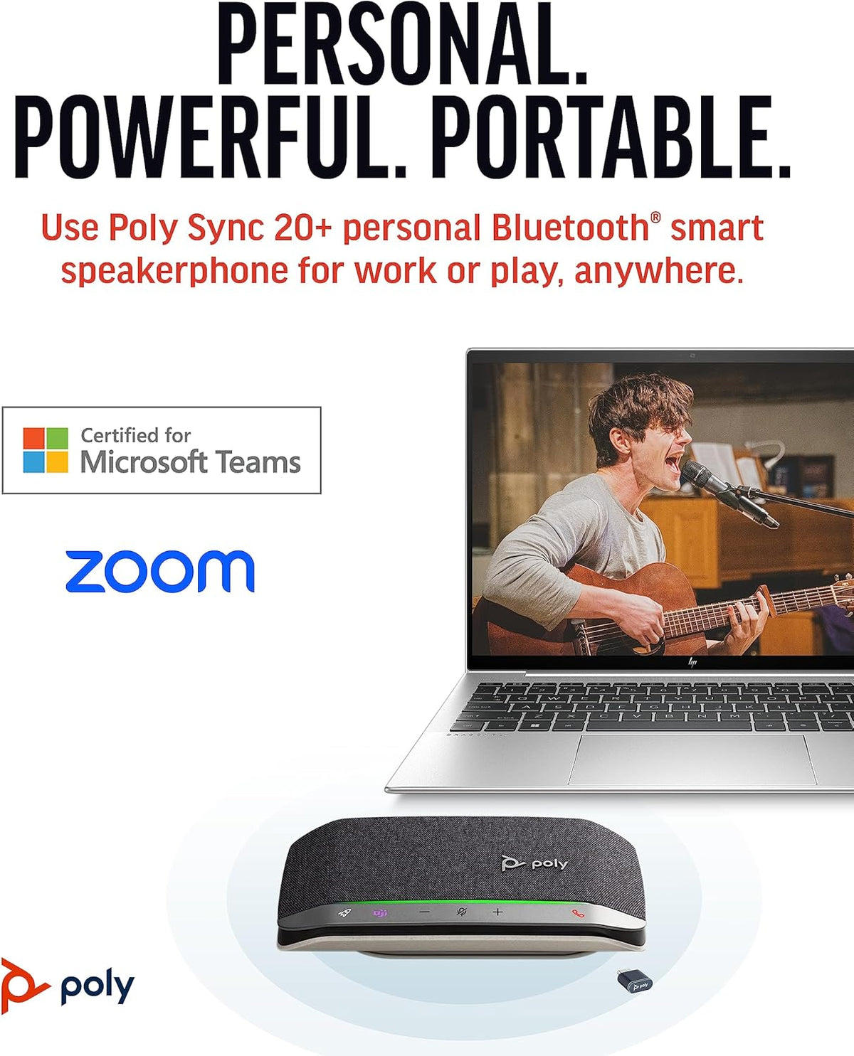 Poly Sync 20+ Personal Portable Bluetooth Speakerphone (Plantronics) – Noise/Echo Reduction – USB-C Bluetooth Adapter - Works w/Teams (Certified), Zoom, PC, Mac, Mobile – Amazon Exclusive