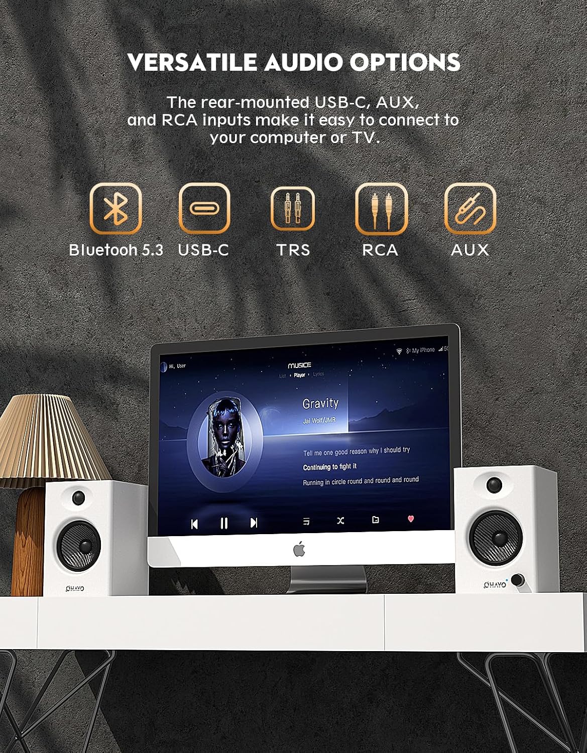 OHAYO 60W Computer Speakers for Gaming and Music, Active Bluetooth 5.3, Stereo 2.0 Speakers for Desktop PC Monitor or Laptop, Surround Sound Speaker, 3.5 mm Aux RCA Input, USB-Powered, 1 Pair, White