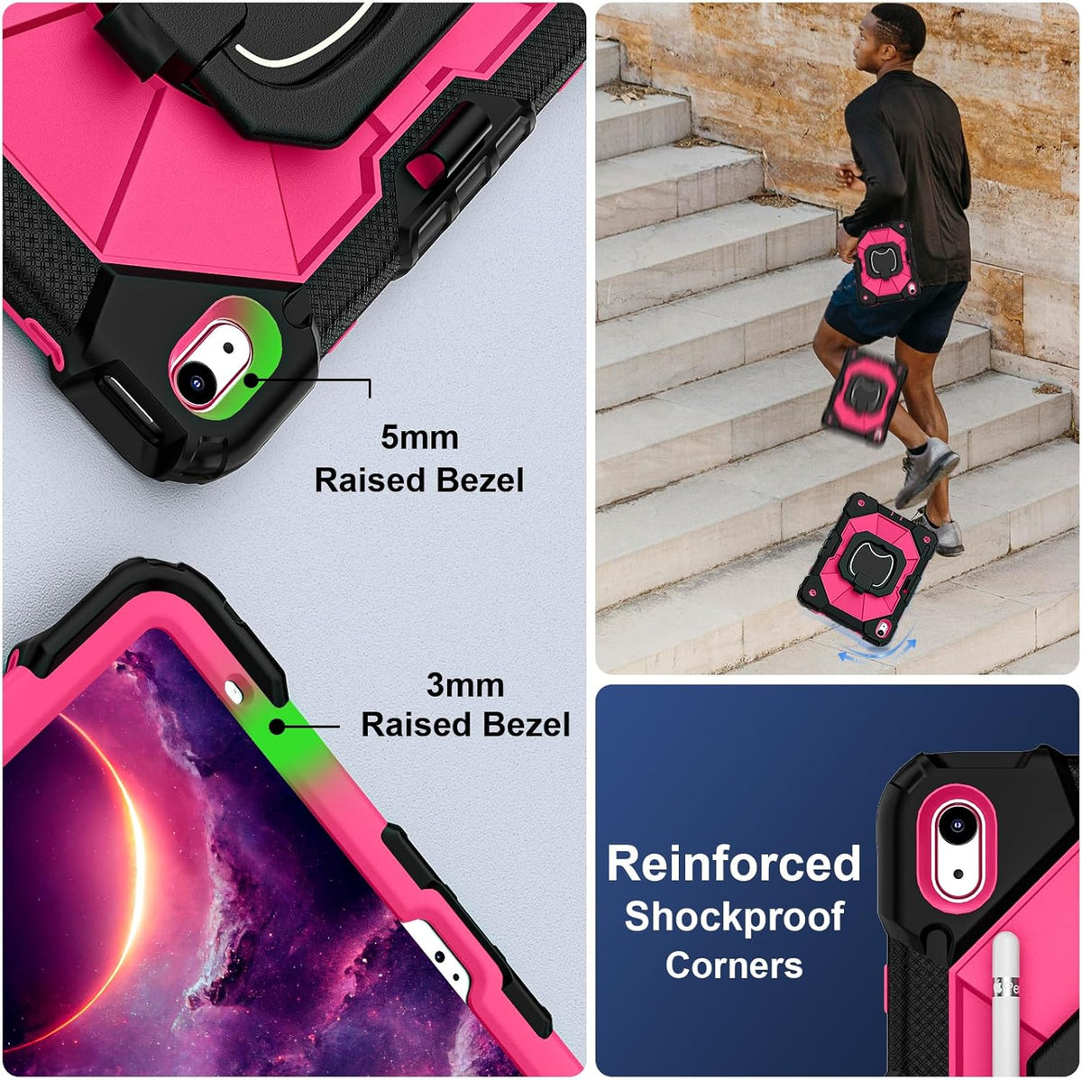 Case for iPad (A16) 11th Generation 11 Inch (2025) / iPad 10th Generation Case 10.9 Inch (2022) with 360° Rotating Stand Screen Protector Pen Holder Shoulder Strap, Black Pink