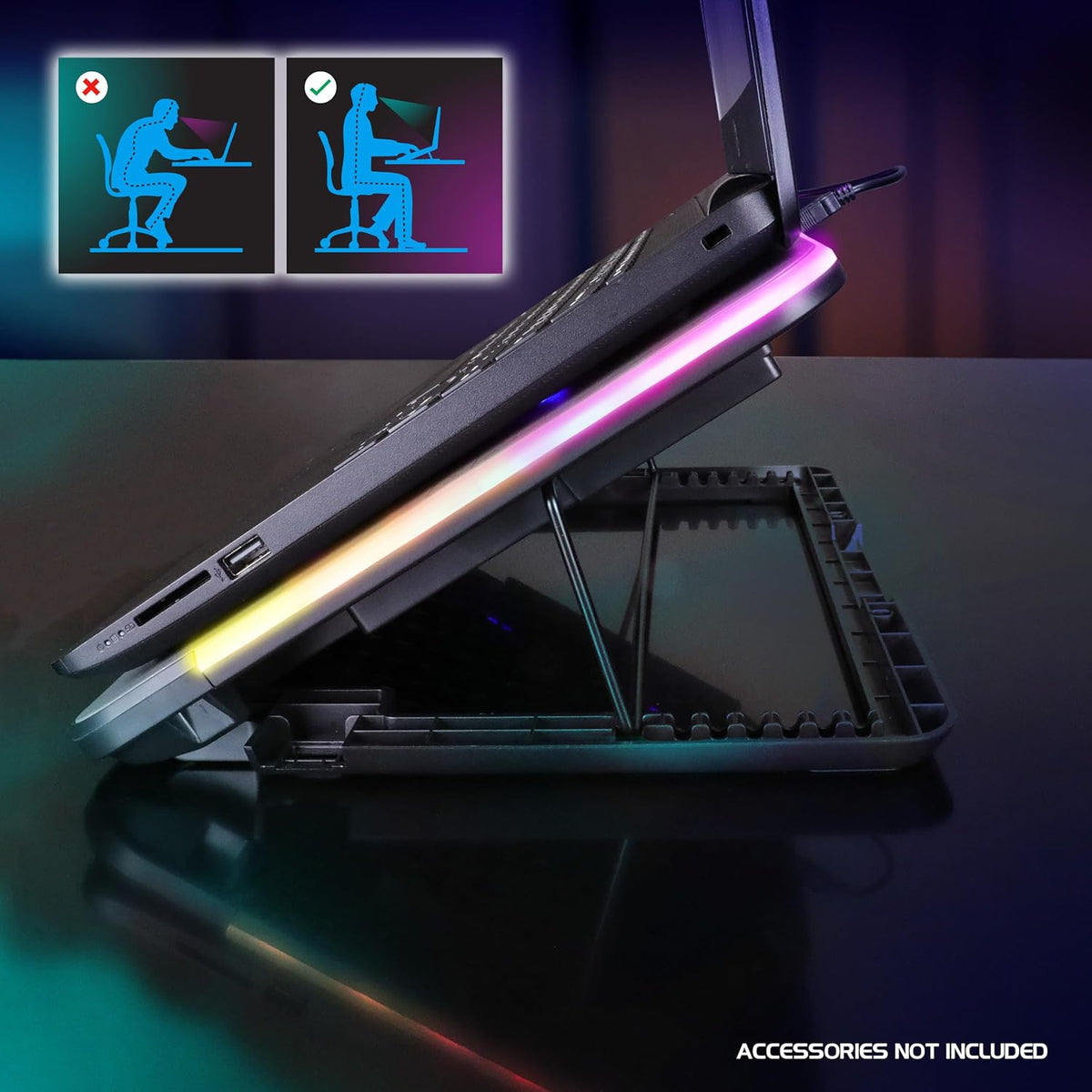 ENHANCE Gaming Voltaic 2 Laptop Cooling Stand - Laptop Cooling Pad with 6 Blue LED Fans, 7 Height Settings, RGB Lighting - Metal Top Cooler Pad with Phone Stand, 2 USB Ports for up to 17 inches