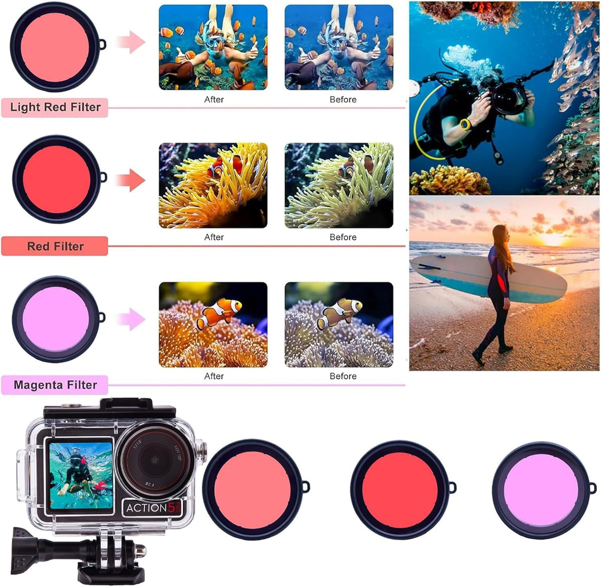 Waterproof Case for DJI Osmo Action 5 Pro/4/3 with 3 Pack Dive Filters, 196FT/60M Underwater Protective Housing Dive Kit, Professional Action Camera Dive Accessory